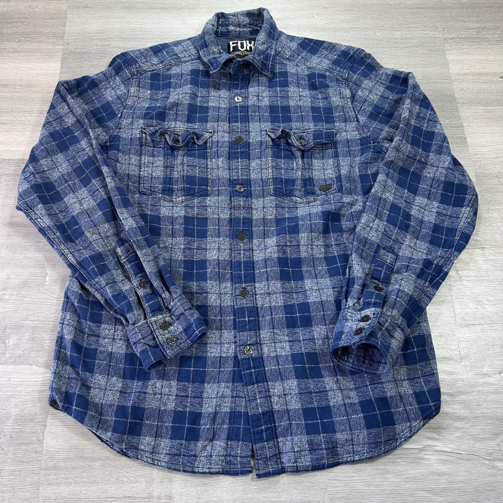 Fox Shirt Mens Large Blue Plaid Long Sleeve Flannel Button Up Casual Outdoor